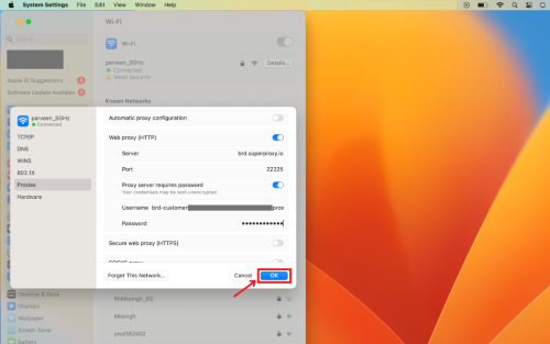 Wi-Fi settings screen with proxy configuration highlighted.